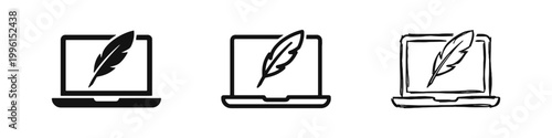 Laptop and feather icon set for digital writing blogging copywriting and creative work