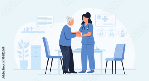 Nurse helping elderly patient stand up in a medical clinic exam room