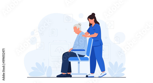 Nurse helping elderly woman sit down, healthcare support, senior care, medical assistance