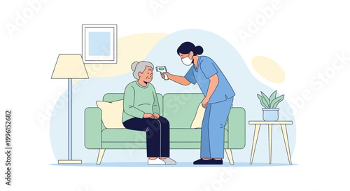 Nurse takes elderly woman's temperature at home, healthcare concept