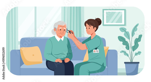 Nurse taking elderly patient's temperature at home, healthcare, medical check-up