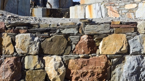 Rough-hewn stone wall texture with stratified layers and varied colors, natural building material