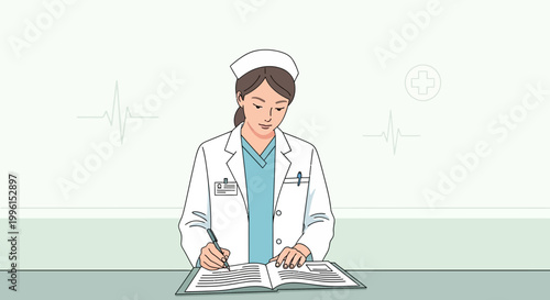 Nurse writing in medical record, healthcare professional working, hospital, clinic, medical examination