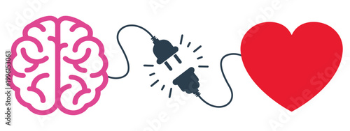 Emotional intelligence concept with brain and heart connected by power plug, mental health and logic balance vector, psychology and empathy illustration