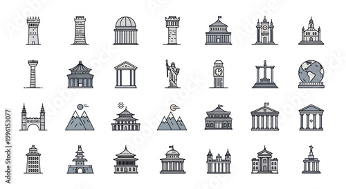 Pixel Art Landmark Icons: Famous Buildings and Architecture Collection
