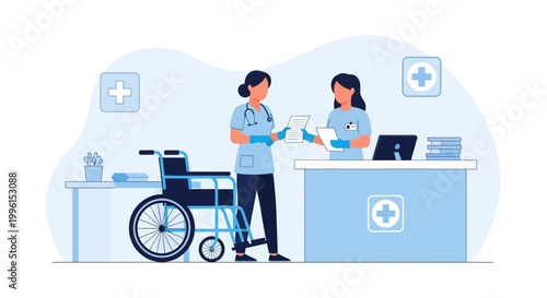 Nurses at reception desk with wheelchair, healthcare, medical assistance, hospital interior