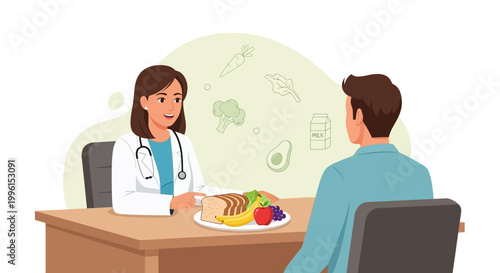 Nutritionist consulting patient about healthy eating with plate of food and vegetables