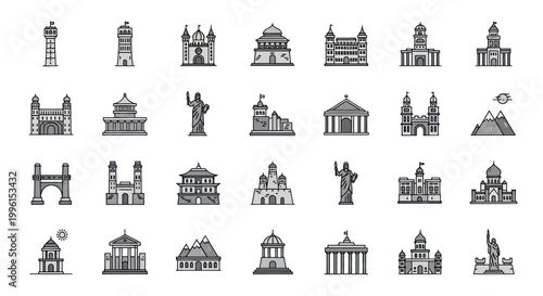 Pixel Art Landmark Icons: Famous Buildings Collection