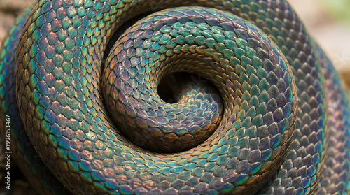 Close-up macro shot of a coiled snake's iridescent scales, displaying a stunning spectrum of rainbow colors and intricate patterns, showcasing nature's dazzling beauty and reptilian texture