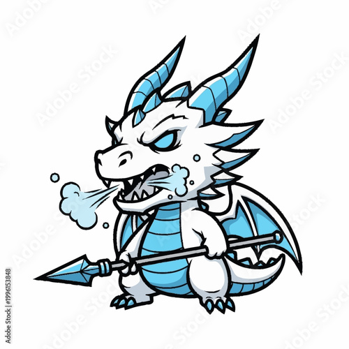 Foto Cute cartoon ice dragon holding a spear.