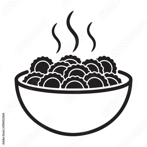 Steaming dumplings or ravioli in a bowl, a hot meal flat design vector icon isolated on white background