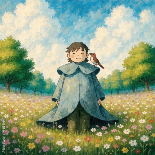 Whimsical illustration, child, blue coat, bird, flowers, field