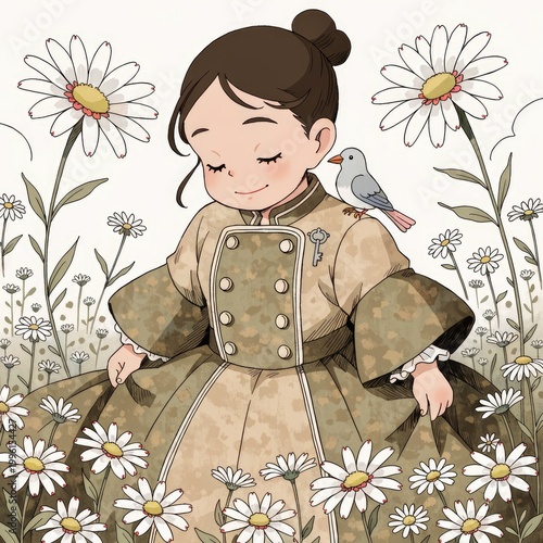 Whimsical illustration, girl in floral field, serene child with bird, daisies and wildflowers