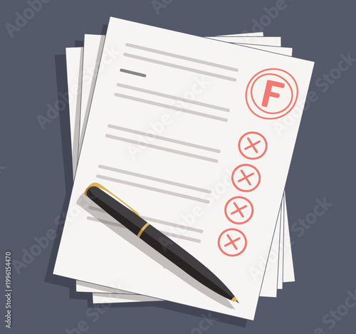 Stack of papers with f and red x marks, pen