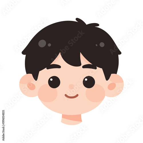 Cartoon portrait of a cheerful boy with dark hair and rosy cheeks on a white background