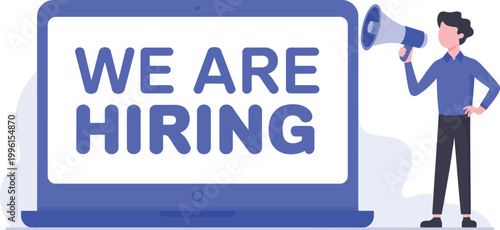 Man with megaphone next to laptop displaying "we are hiring