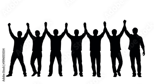 Group of seven people holding hands up in victory