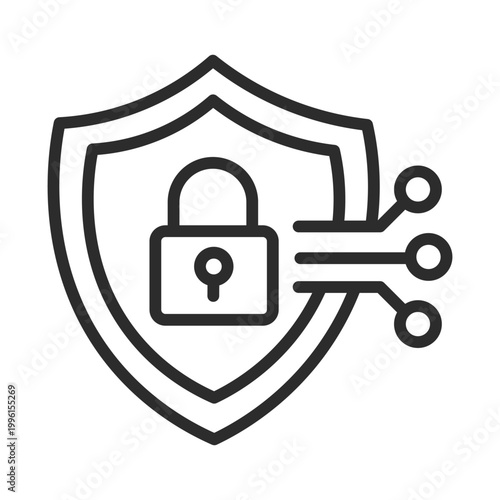 Black and white shield icon with a padlock and circuit board