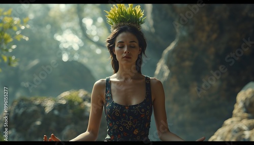 Peaceful Woman Meditating in Nature with Flower Crown Symbolizing Mental Growth