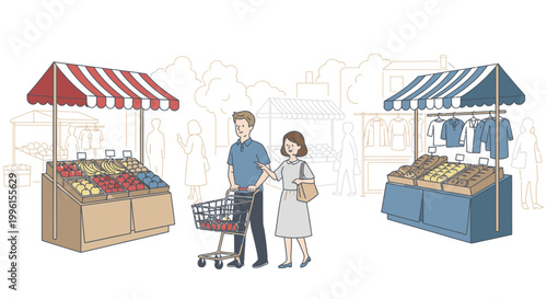 Illustration of a man and woman shopping at outdoor fruit stands with striped awnings on a white background.
