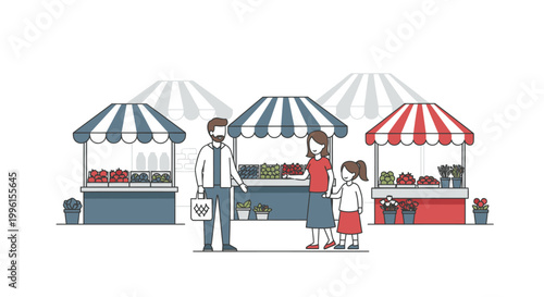 Illustration of a man and two women standing in front of colorful market stalls with striped awnings on a white background.