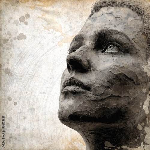 Close-up of sculpted stone head, weathered texture, gray tones, artistic portrait