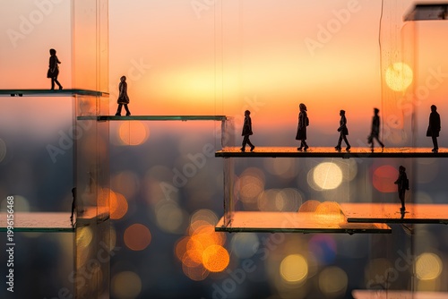 Silhouettes of people walking on elevated platforms against a sunset sky.