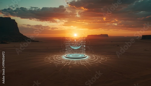 Advanced Holographic Interface Projecting Over Desert Landscape at Sunset