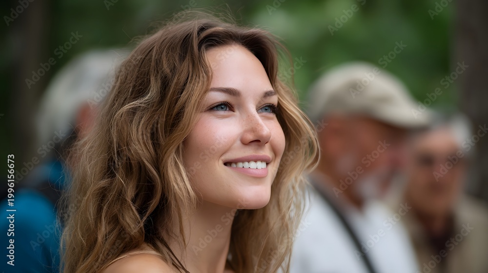 Obraz premium Joyful portrait of a young woman smiling in natural light during an outdoor family gathering