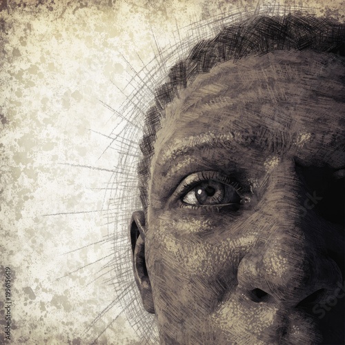Close-up, textured, black man face, sketch effect, sepia tones, portrait