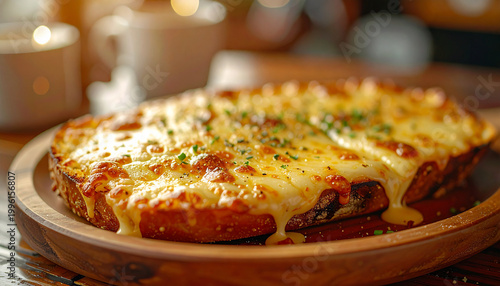 Garlic bread with melted cheese on wooden plate, golden crispy crust, gooey stretchy cheese, blurred cafe background with cups, appetizing snack