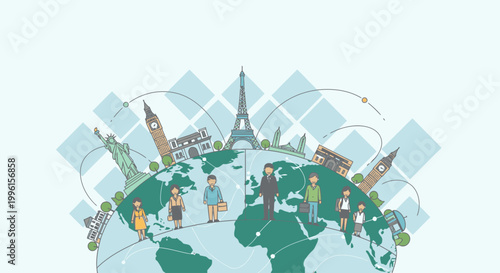 Illustration of a green globe with people and famous landmarks on a light blue background with a travel and cultural theme.