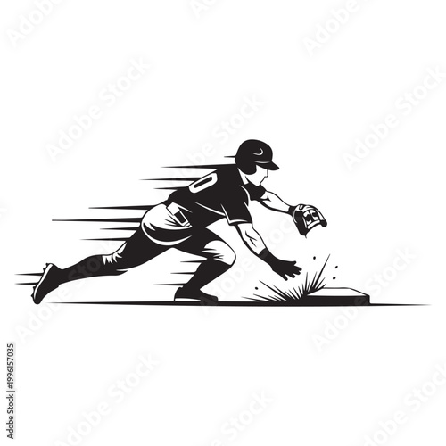Baseball player sliding into base with motion lines and dust effect illustration