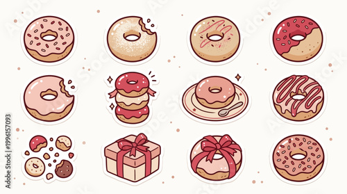 A collection of cute cartoon donuts with various toppings and presentations, including gift boxes and stacked pastries.