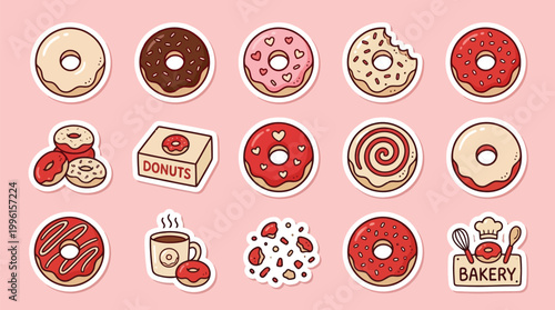 A collection of cute cartoon donut stickers with various frostings and toppings on a pink background, including a bakery sign and coffee.