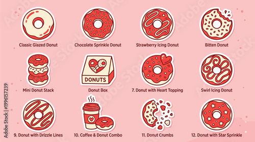 A collection of twelve cute red and white donut illustrations with various toppings, styles, and related items like a donut box and coffee, on a pink background.
