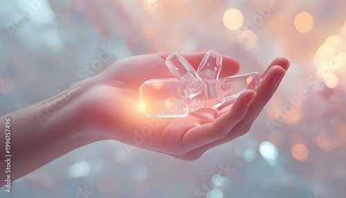 Warm Human Hand Holding Glowing Transparent Geometric Data Crystals