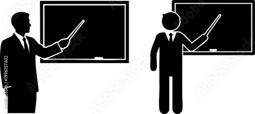 Professional teacher silhouette icons, male educator pointing at blackboard vector, business presentation speaker set, classroom lecture graphics