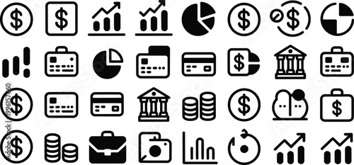 Billede på lærred Business finance icons, 30 black vector symbols, money and chart graphics, finan