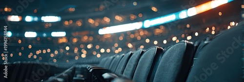 Row of empty seats in stadium with blurred lights and bokeh effect