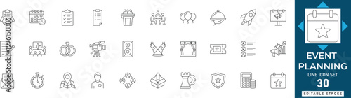 Schilderij op canvas Event planning line icon set featuring management, celebration, party, wedding, schedule, decoration, and organization