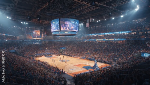 Vast Basketball Arena Filled With Spectators During A Professional Game.