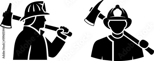 Firefighter silhouette vector set, fireman with axe wearing protective helmet and uniform, emergency responder icons for rescue service branding