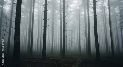 A dense and eerie forest landscape shrouded in thick fog and misty atmosphere