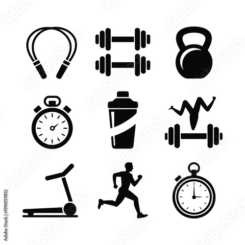 Fitness icons set including jump rope and dumbbells silhouette illustration