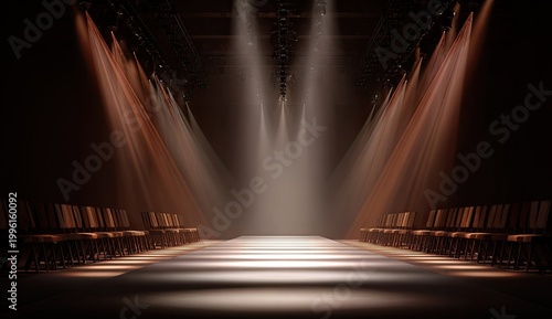 Fashion Show Runway Illuminated by Dramatic Spotlights.