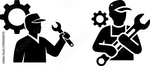Industrial mechanic silhouette icons, professional repairman with wrench and gear symbols, black and white maintenance worker vector set
