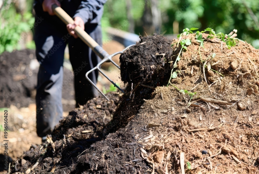 Fototapeta premium Gardener turning compost pile with pitchfork, rich soil, organic gardening, sustainable living