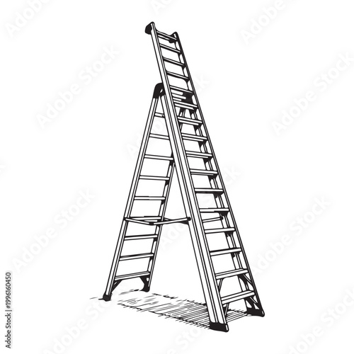 Hand drawn sketch of a folding stepladder for construction and home repair isolated on white background