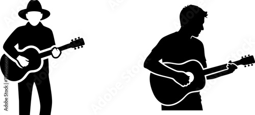 Acoustic guitar player silhouettes, male musician playing guitar vector set, black and white performer icons for music posters and live event branding